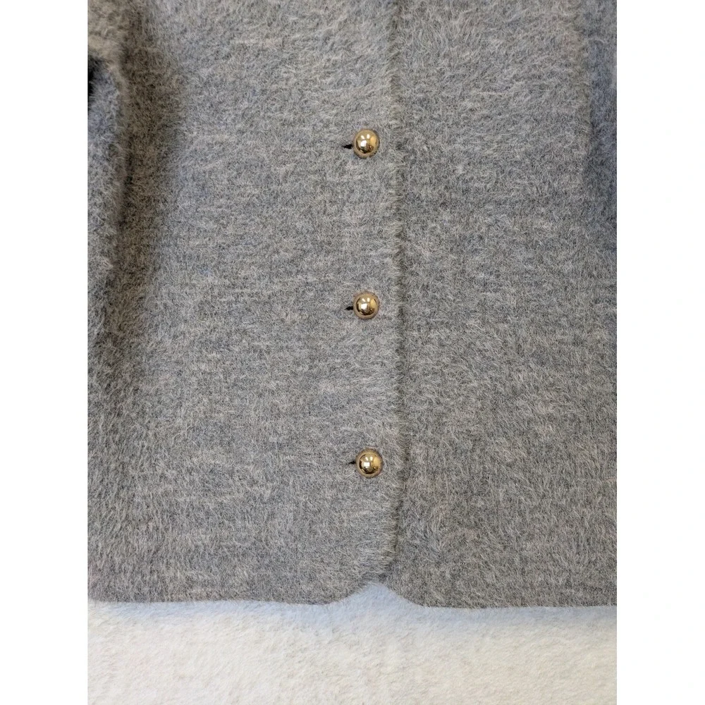 Tahari Women's Size S Gray Eyelash Knit Fuzzy Cardigan Gold Button Sweater NWT‎